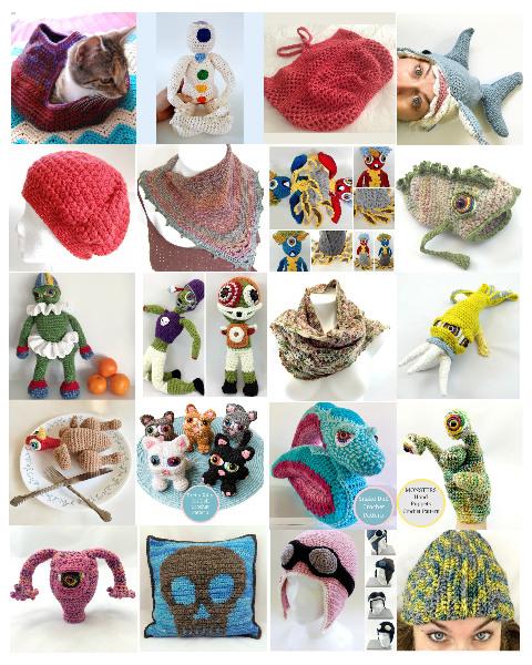 Collage of various crocheted items including hats, toys, and home decor on a white background.
