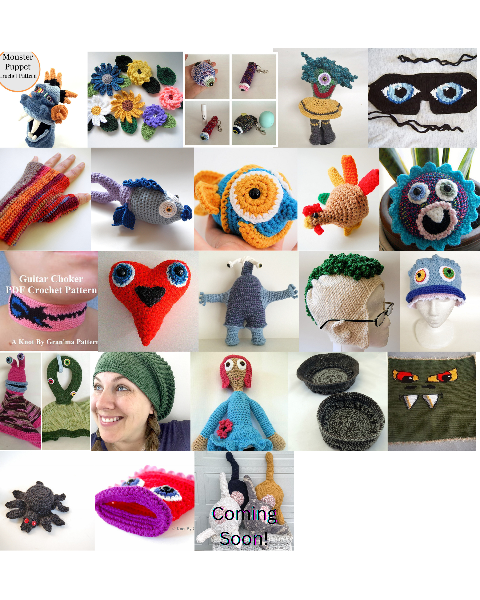 Collage of various crochet patterns including monsters, animals, and other items.